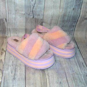UGG Disco Stripe Purple/Pink Sheepskin Platform Slippers Womens Size 9